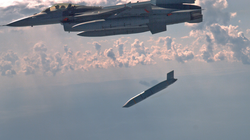 A JASSM missile undergoing launch tests from a F-16 fighter over the Gulf of Mexico, 2018.